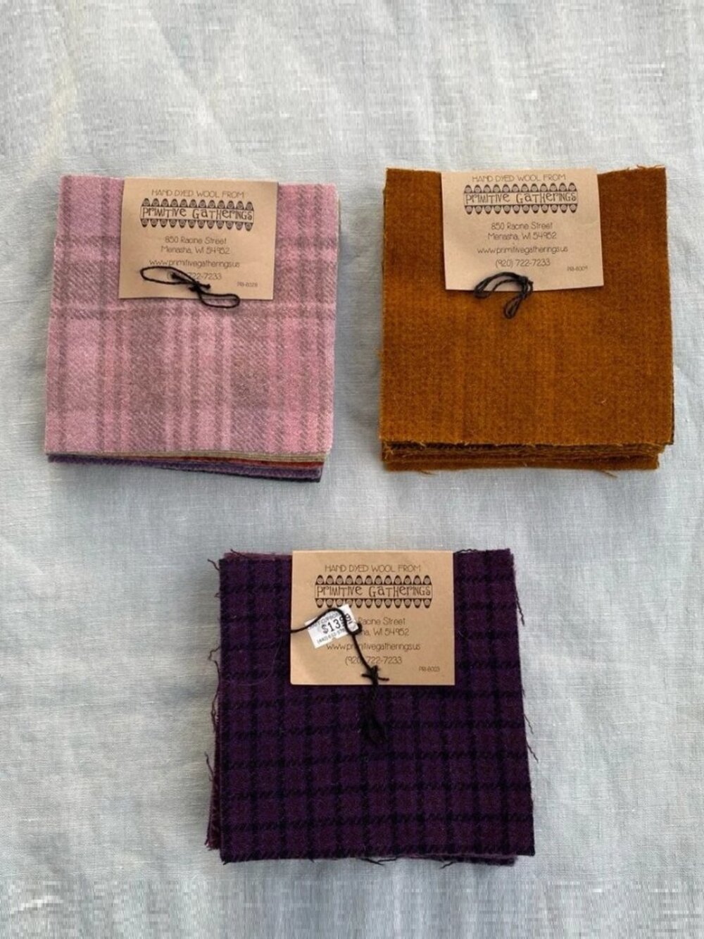 Set of 3 Primitive Gatherings hand-dyed wool charm packs pastel mustard purples